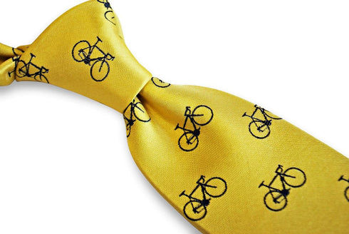 yellow tie with navy bicycle design